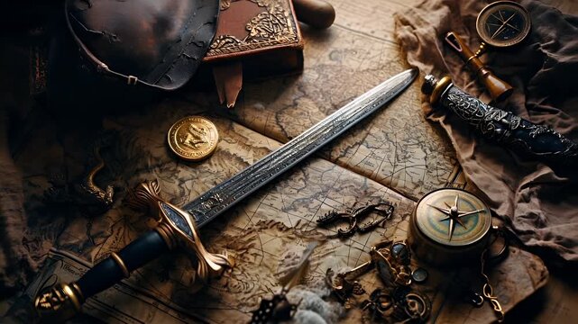 A detailed, highresolution, closeup shot of a medieval or fantasy setting. The main subject is a sword with ornate detailing, lying on a map with various objects around it.