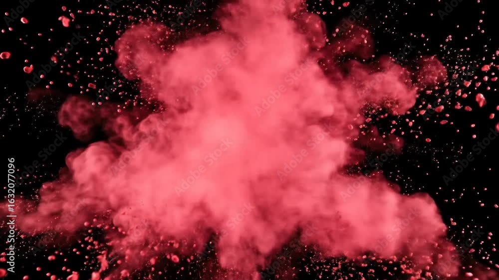 Poster vibrant red powder explosion against black backdrop creating a dynamic abstract burst of color and e