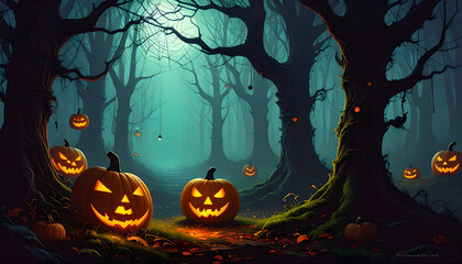 Fototapeta premium Halloween pumpkins in eerie forest with dark trees and glowing lights