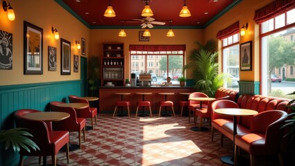 Retro cafe interior with vibrant colors and comfortable seating.