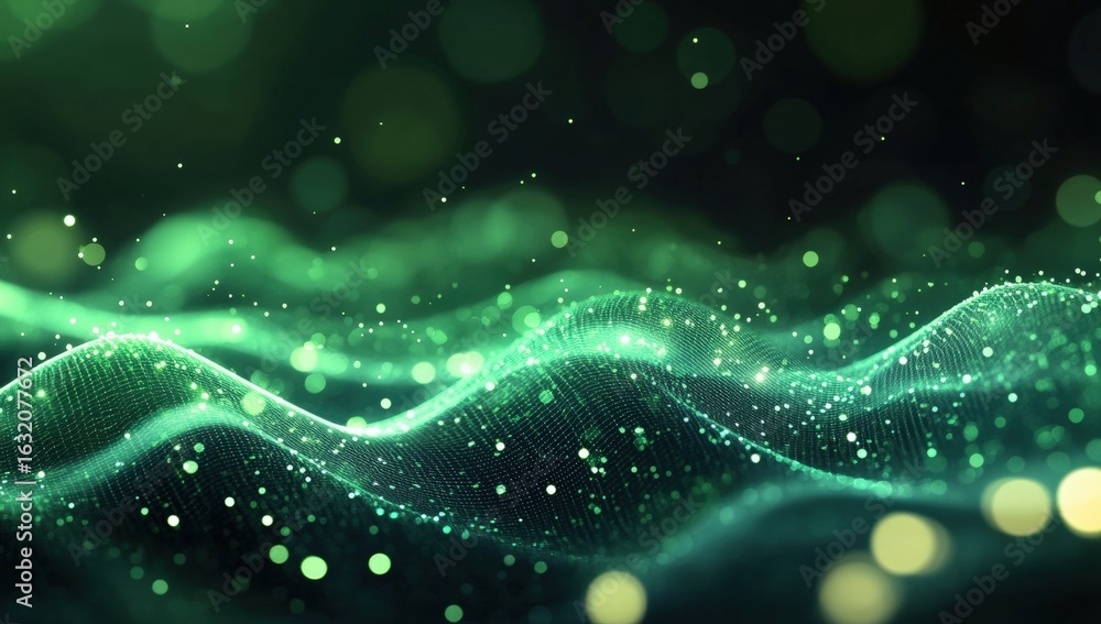 Poster a mesmerizing abstract image featuring luminous green waves with shimmering particles, evoking a sen