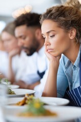 Fototapeta premium Restaurant staff feeling overwhelmed during a hectic service shift in a busy dining environment