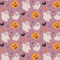 Cute Halloween Seamless Pattern with Ghosts, Pumpkins, Bats and Candies