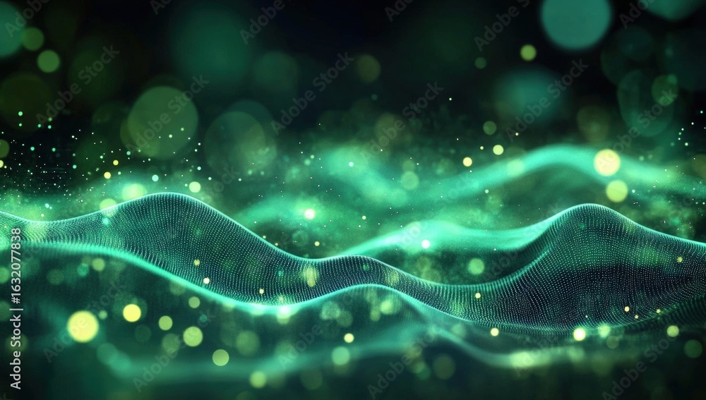 Poster a mesmerizing abstract design featuring flowing green waves with sparkling dots, creating a dreamy, 
