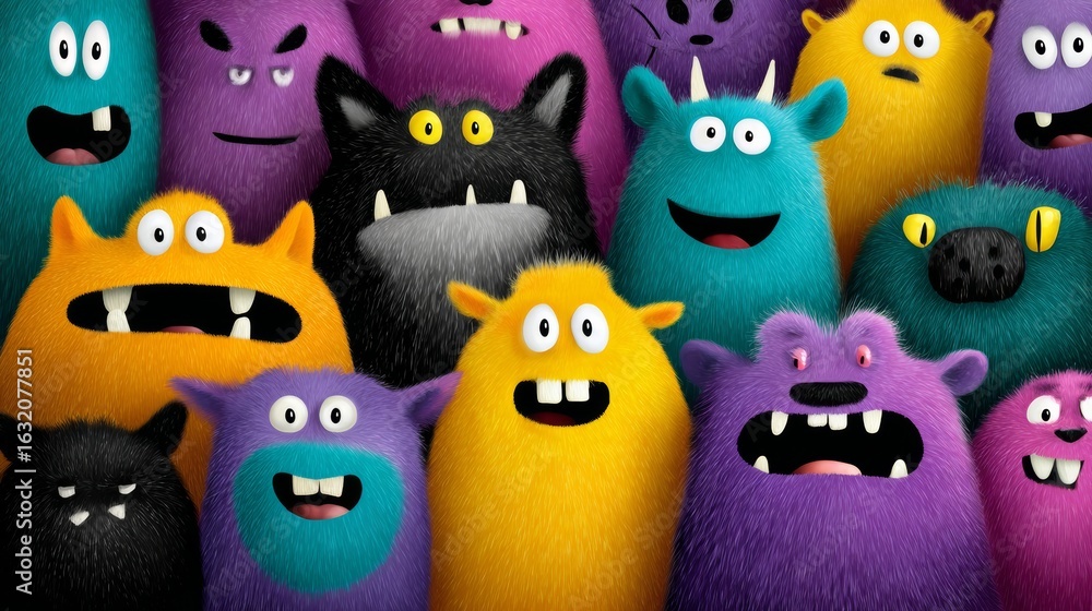 Poster group of cartoon monsters with different colors and expressions. scene is lighthearted and playful