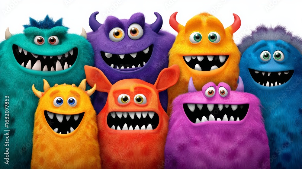 Poster group of colorful monsters with big teeth are smiling for the camera. concept of fun and playfulness