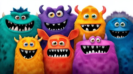 Group of colorful monsters with big teeth are smiling for the camera. Concept of fun and playfulness, as the monsters are posed in a row and appear to be enjoying themselves