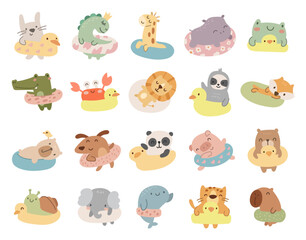 Obraz premium Animal vacation set in scandinavian style with swimming ring, funny characters relaxing, cute illustration with various enjoying summer at the beach for your creative designs projects