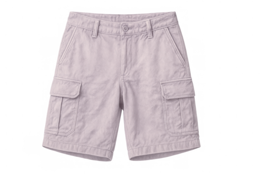 Studio shot of light purple cargo shorts, showcasing their design and practicality on a transparent background