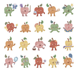 Apple character set in scandinavian style with different poses, emotions, cute fruit and perfect for children learning materials illustrations and creative design projects for your work