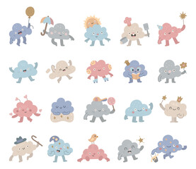 Cloud character set in scandinavian style featuring charming emotions and various poses holding different objects for birthday celebration reading cooking walking and friendship moments