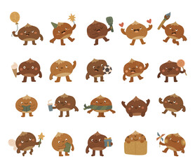 Chestnut character set in scandinavian style with various cute poses holding balloon, party hat, sparkler, ice cream, takeaway cup, gift and pinwheel for your creative design projects