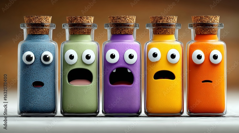 Poster row of colorful bottles with cartoon faces on them. the bottles are arranged in a row, with the firs