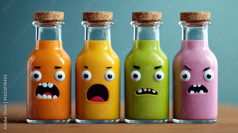Poster four cartoon faces are shown in different colored bottles, each with a different expression. the bot
