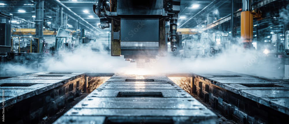 Poster dynamic sparks illuminate the modern cnc machine in an industrial factory setting