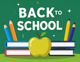 Back-to-school graphic with books and apple