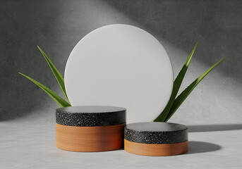Minimalist product display with terracotta cylinders and green stalks against a textured gray background