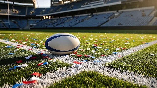 Rugby Ball on Green Grass Field with Scattered Red, White, and Blue Confetti in a Large Sports Stadium
