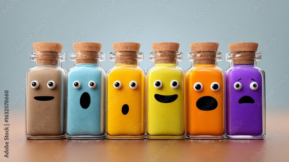 Poster row of six bottles with faces on them, each with a different expression. the bottles are lined up on