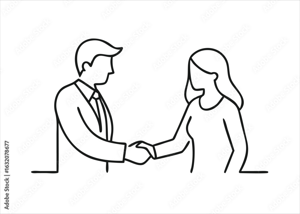 Poster abstract continuous line art depicting a man and woman shaking hands in a simple yet elegant single 