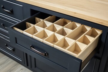 Open dark blue kitchen cabinet drawer with wooden organizers