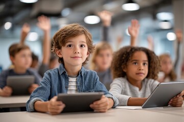 Young boy with brown hair and denim jacket is sitting at a classroom desk, holding a tablet, while classmates raise hands in the background, engaged in learning and participation
