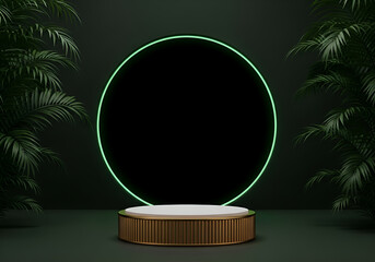 Illuminated oval frame on a textured pedestal surrounded by dark green foliage