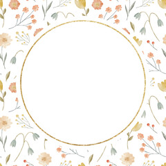 Botanical watercolor illustration with a golden circle frame.
Delicate pastel flowers and meadow leaves form a soft floral arrangement.
Perfect for wedding cards, invitations, and templates.