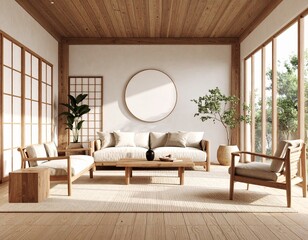 japandi living room, 3d interior render, black and white geometric art, minimalist design, modern neutral decor