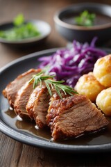 Tender German sauerbraten served with dumplings and red cabbage on traditional plate table setting
