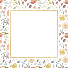 Watercolor illustration with floral square frame.
Pastel flowers and gold border on white background.
Perfect for card, wedding, or invitation design.