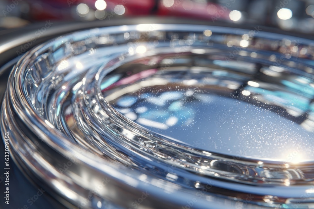 Poster sleek metallic abstract design with captivating light reflections and bokeh effects.