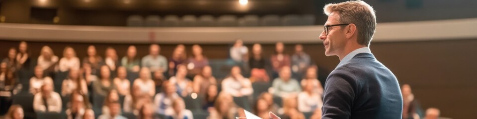 Sales trainer presents techniques to diverse audience in modern conference setting