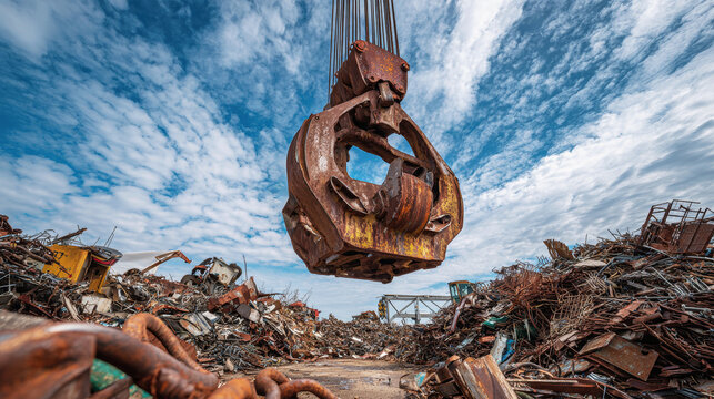 Crane magnetically lifts scrap metal from a bustling dump under a vast, clear sky - Powered by Adobe