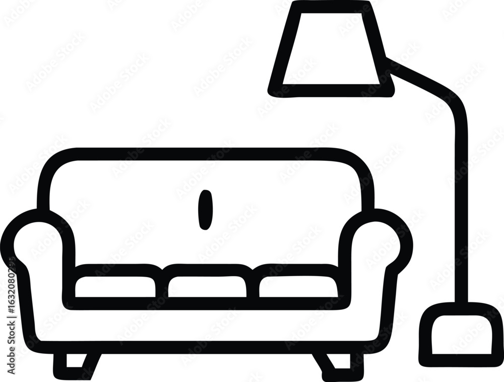 Poster simple line art illustration of a sofa and floor lamp isolated on transparent background