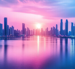 Obraz premium Sunset and dusk city skyline and water reflections