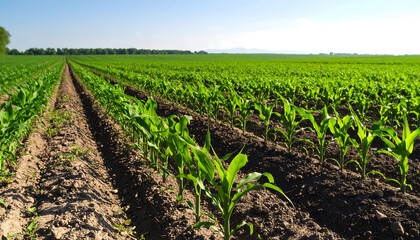 Lush green corn plants grow in vast field under clear blue sky, showcasing agricultural beauty and vitality