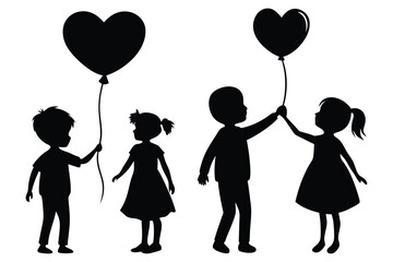 Boy Giving Heart Balloon to Girl – Cute Children Love Silhouette Vector for Valentine and Family Designs
