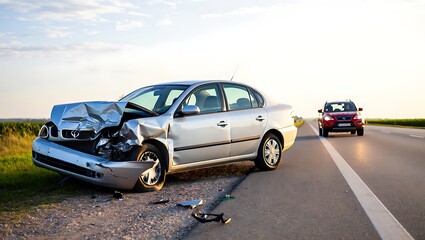 Severe Car Crash on Highway Roadside with Visible Damage and Another Vehicle Approaching Recovery and Insurance Concept
