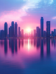 Fototapeta premium Sunset and dusk city skyline and water reflections