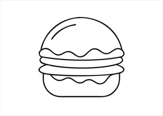 A simple black and white line art depiction of a classic hamburger with all the fixings isolated on white background
