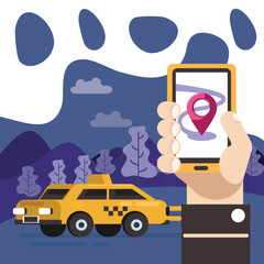 taxi application anner smartphone hand car icons decor