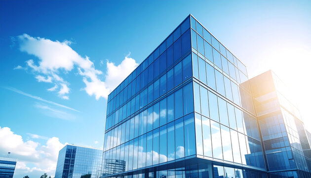 Modern glass office building reflecting blue sky and clouds, showcasing contemporary architecture and vibrant atmosphere