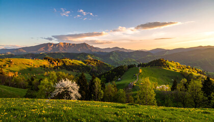 Obraz premium Stunning panorama of beautiful countryside landscape featuring rolling green hills, blooming trees, and majestic mountains
