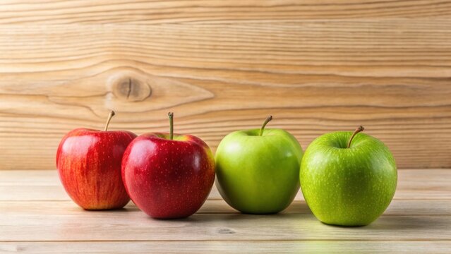Two red apples and two green apples arranged on a light wooden surface against a wood background