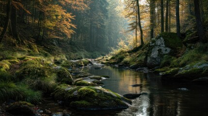 Obraz premium Serene stream flows through a colorful autumnal forest with light streaming in