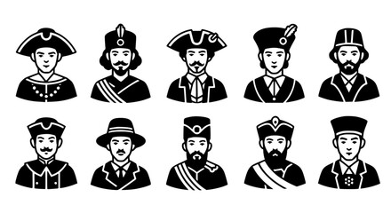 Collection of historical male figures wearing distinct traditional hats and formal attire in a stylized black and white silhouette isolated on transparent background