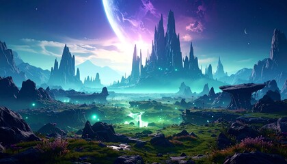 Surreal Sci-Fi Fantasy Landscape with Majestic Mountains and a Glowing River, an Alien Planet with a Gigantic Moon and Ethereal Light, a Futuristic Vista