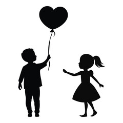 Boy Giving Heart Balloon to Girl – Cute Children Love Silhouette Vector for Valentine and Family Designs