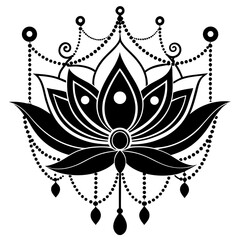 Vector art of black and white lotus flower design isolated on white background, intricate ornamental pattern with floral and decorative elements, suitable for henna or tattoo art